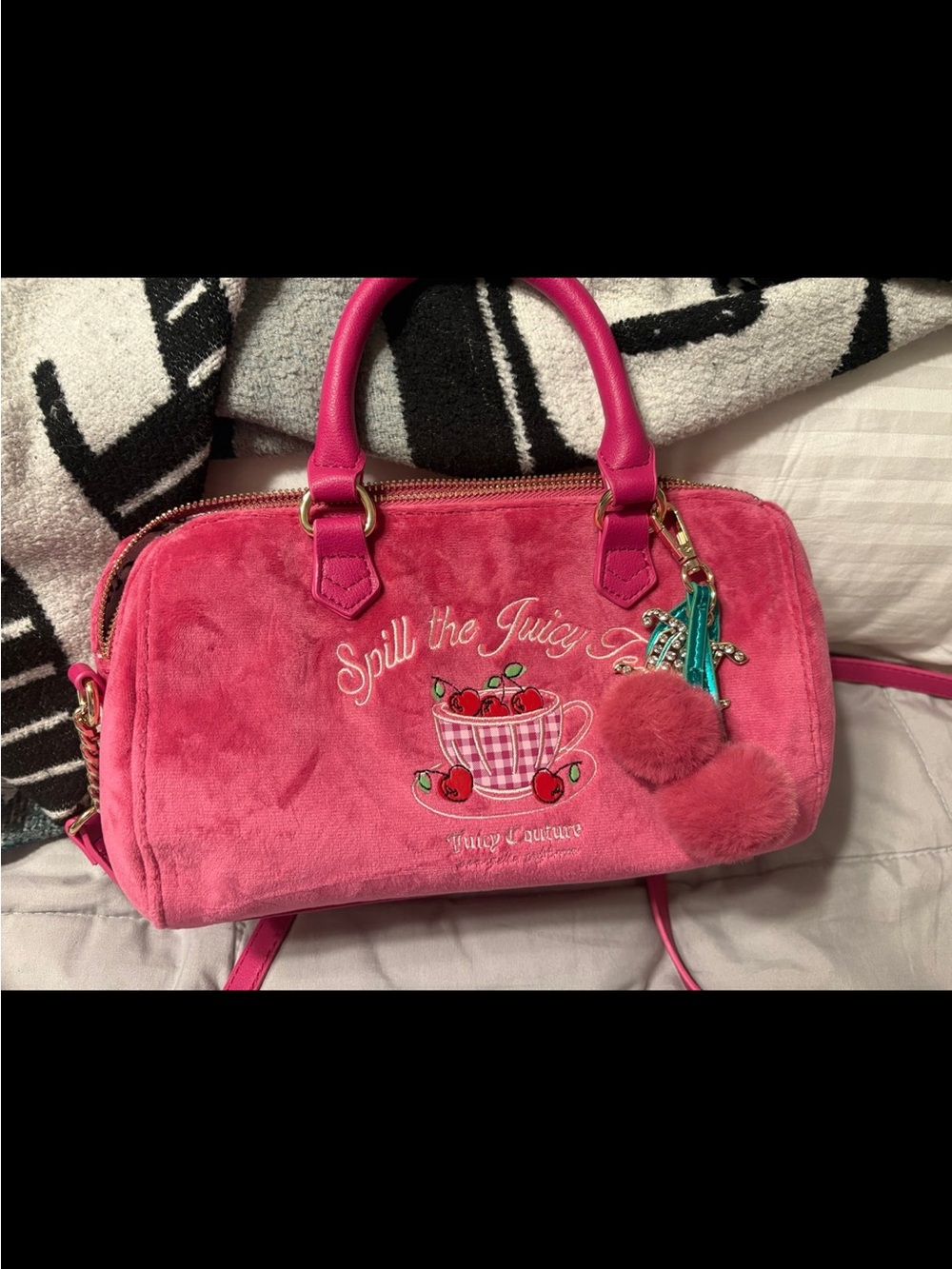 Juicy Couture Pink 'Spill the Juicy Tea' Velvet Satchel and wallet